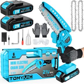 Mini Chainsaw 6-Inch Battery Powered - Cordless Electric Handheld Chainsaw with 2 Rechargeable Batteries - 21V Small Power Chain Saws Battery Operated for Tree Trimming Wood Cutting