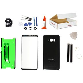 Repair Kit Compatible for Samsung Galaxy S8 Plus G955 - Front Outer Glass Lens + Back Cover + Camera Lens Flash Cover Replacement (Black)