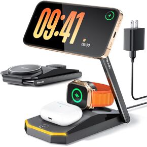 محطة شحن قابلة للطي 3 في 1 لأجهزة Apple، حامل شاحن لاسلكي Mag-Safe لسلسلة iPhone 16 15 14 13 12، شاحن سفر محمول لسلسلة ساعات Apple 1-10/Ultra AirPods