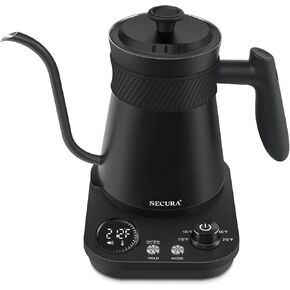 Secura Electric Gooseneck Kettle, 5 Variable Presets for Coffee Tea Brewing, 100% Stainless Steel Inner Tea/Coffee Kettle with 1.5H Keep Warm, 1200 Watt Quick Heating Tea Pot, 0.8L, Matt Black