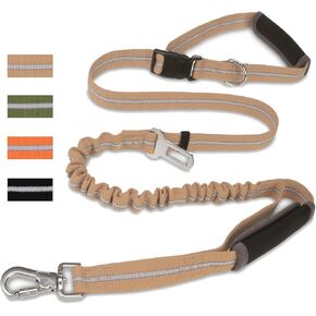 PUPTECK Heavy Duty Bungee Leash for Medium Large Dogs, No Pull Tactical Dog Leash with Double Handles for Training, Reflective with Car Seatbelt and Quick Release Buckle, Orange
