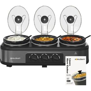Sunvivi Triple Slow Cooker Buffet Server with 10 Cooking Liners, Adjustable Temperature Settings, for Parties, Holidays and Entertaining, Dishwasher Safe, Total 4.5 QT Silver