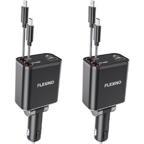 Flexino Retractable Car Charger,iPhone16 Car Charger,USB C Car Charger,69W Fast Charge,Smaller Size with 2 Retractable Cords,Cigarette Lighter Adapter,Fit for iPhone 16/15/14/13/12,Samsung Galaxy,Grey