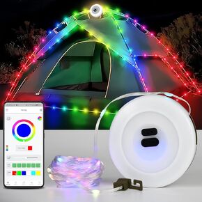 Camping String Lights Rechargeable, Upgraded 3000mAh Portable Outdoor 32.8ft with 18 Lighting Modes, Max Lasts Up to 16 hrs Waterproof Tent Lights for Outdoor Camping (RGB Light(APP Control))