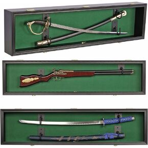 44" Rifle Shotgun Saber Sword Display Case Cabinet Stand Holder Wall Rack Shadow Box (Green Felt) - Black Finish
