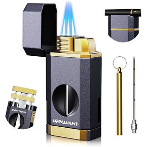 Triple Flame Torch Lighter with Built-in V Cutter, Holder and Draw Enhancer Tool, Butane Refillable Torch Lighter, Multifunctional Accessories Gift, Windproof Lighters for Candles and Outdoors