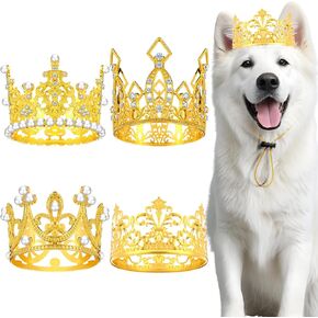 Talltalk 4 Pcs Dog Crown Headband Pet Birthday Party Gold Rhinestone Faux Pearl Cat Crown Hat with Adjustable Strap for Puppy Wedding Hair Accessories Photo Prop Costume Dress