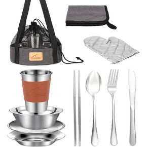 Camping Mess Kit - 1 to 2 persons Camping Dishes includes Cups, Bowls, Knives, Forks, Spoons, Camping Dinnerware Set Camping Cooking Utensils Accessories Plates Dinnerware Set