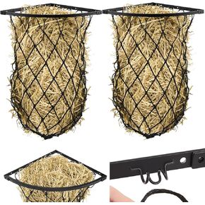 2 Set Wall Hay Feeder with Net Corner Hay Rack Black Corner Hay Feeder Frame with Slow Feed Hay Net for Horses Goat