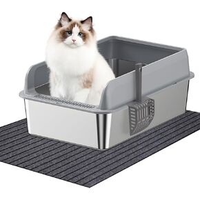 Stainless Steel Litter Box with Lid for Large Cat Extra Large Kitty Litter Box with High Sides Anti-Leakage and Easy Clean Half Enclosed Metal Litter Box with Litter Scoop & Litter Mat, 24" L x 16" W