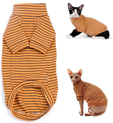 Sphynx Cat Stripe Shirt, Two-legged Clothes for Cats, Hairless Cats Warm Cotton Clothes, Stretchy Fabric Cat Onesie (Medium) in Kuwait
