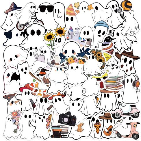50 Pcs Halloween Ghost Theme Stickers, Cute Ghost Decorative Stickers for Kids Adults, Pack Halloween Waterproof Vinyl Stickers of Water Bottle (Ghost) in Kuwait