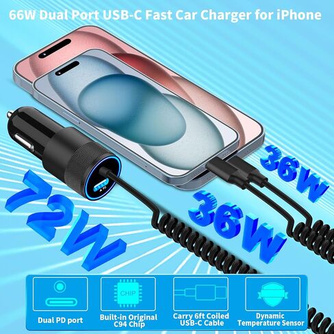 [معتمد من Apple MFi] شاحن سيارة سريع لهاتف iPhone، BAOYUANDA 66W PD + QC محول شاحن سيارة سريع مع كابل Lightning ملفوف بطول 6أقدام لشحن السيارة السريع لهاتف iPhone 14 13 12 11 Pro Max XS XR X 8 iPad in Kuwait