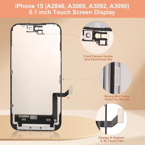 مجموعة استبدال شاشة iPhone 15 كاملة التجميع، شاشة LCD بديلة لهاتف iPhone 15 مع محول رقمي يعمل باللمس ثلاثي الأبعاد ومجموعة أدوات إصلاح لمحول رقمي 6.1 بوصة iphone15 in Saudi Arabia