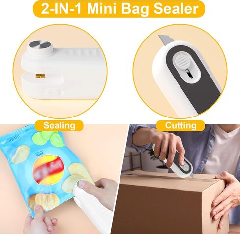 2 in 1 Mini Bag Sealer, Bag Sealer Heat Seal with Cutter, USB C Rechargeable Chip Bag Sealer Heat Seal, Portable Bag Resealer for Plastic Bags Snacks & Food Storage,Ivory White in Saudi Arabia