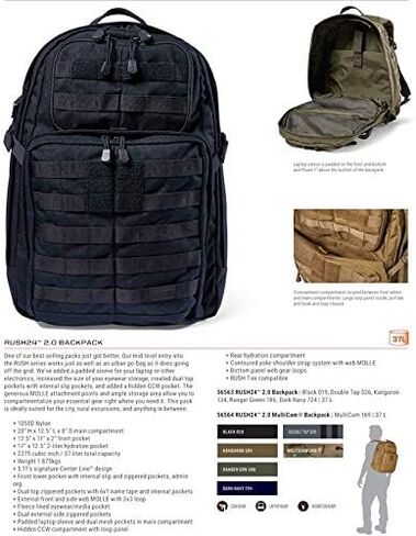 5.11 Tactical Backpack – Rush 24 2.0 – Military Molle Pack, CCW and Laptop Compartment, 37 Liter, Medium, Style 56563, Dark Navy in Saudi Arabia