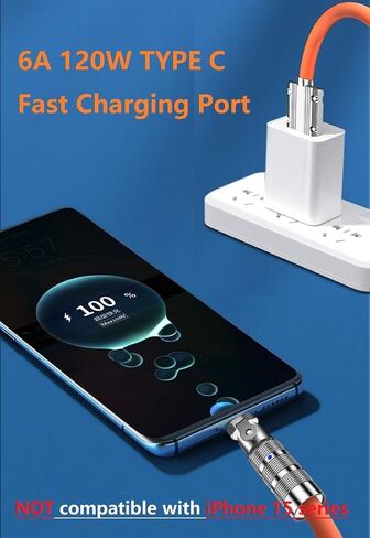 [1M/3.3FT] 6A 120W 180 درجة دوران الكوع USB إلى النوع C كابل LED معدني سائل سيليكون شحن سريع للغاية كابل بيانات من النوع C لهاتف Samsung Z Galaxy وLG وGoogle Pixel والأجهزة اللوحية والمزيد in Saudi Arabia