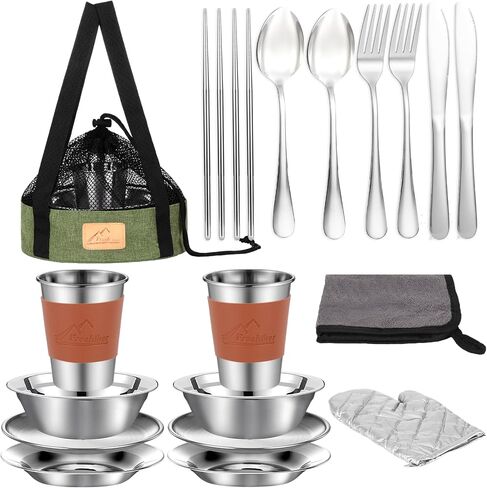 Camping Mess Kit - 1 to 2 persons Camping Dishes includes Cups, Bowls, Knives, Forks, Spoons, Camping Dinnerware Set Camping Cooking Utensils Accessories Plates Dinnerware Set in Saudi Arabia