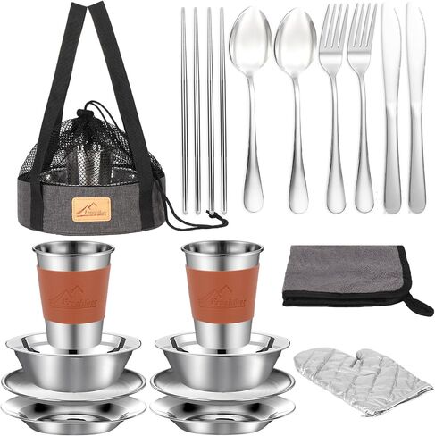 Camping Mess Kit - 1 to 2 persons Camping Dishes includes Cups, Bowls, Knives, Forks, Spoons, Camping Dinnerware Set Camping Cooking Utensils Accessories Plates Dinnerware Set in Saudi Arabia