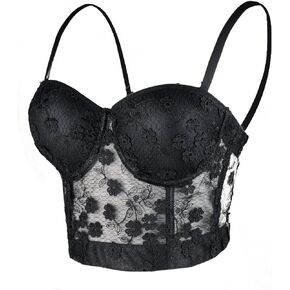ELLACCI Women's Mesh Lace Flower Bustier Crop Top Sexy Corset Top Bra Black