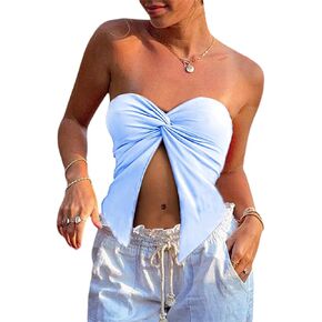 Women Sexy Strapless Tube Top Summer Y2k Going Out Tops Twist Knot Split Front Bandeau Crop Shirt