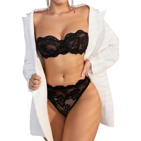 COZYEASE Women's 2 Piece Lingerie Set Floral Lace Mesh Strapless Underwire Bra and Low Rise Panty Set