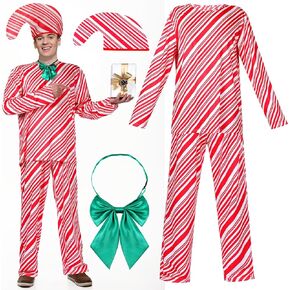 Landhoow 4 Pcs Christmas Candy Cane Costume Set for Men Adult Christmas Cosplay Candy Cane Outfit Red and White Striped Top Pants Hat Neck Tie (Large)