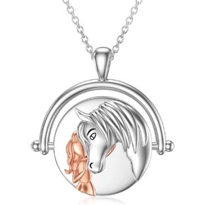 LONAGO Horse Necklace Horse and Girl Pendant Necklace Pony Horse Round Necklaces Gift for Girl Women (Horse)