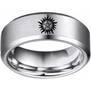 8mm Men's Supernatural Ring Dean Anti-Possession Symbol Silver Titanium Steel Flat Band Size 6-13