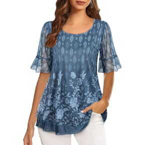 قمصان نسائية ذات أكمام مكشكشة، بلوزات زهرية أنيقة، قميص شبكي متعدد الطبقات in Kuwait