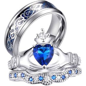 ringheart Couple Rings White Gold Filled Heart cut Blue Cz Womens Wedding Ring Sets Stainless Steel Men Wedding Band