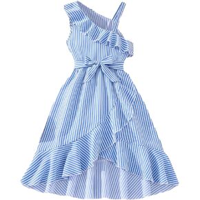 OYOANGLE Girl's Dress Striped Ruffle Trim Bow Front Asymmetrical Neck Sleeveless A Line Summer Midi Dresses