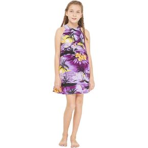 Girl Hawaiian Round Neck with Ruffle Dress in Blue Leaf