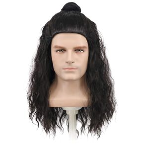 yuehong Long Wavy Bun Style Black Wig Halloween Cosplay Wig Rock Mullet Wig
