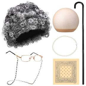 Tatuo 7 Pieces Old Lady Costume Set Grandma Wig Granny Glasses Pearl Necklace Silk Scarf for Women Halloween Cosplay Party