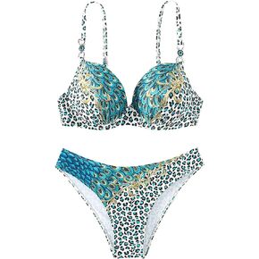 SweatyRocks Women's Leopard Print 2 Piece Swimsuit Spaghetti Strap Bikini Set Push Up High Cut Bathing Suit