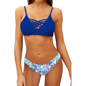 SHEKINI Women's Floral Print Bathing Suit Strappy Swimsuits Low Rise Two Piece Bikini