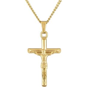 14K Stainless Steel Gold Plated Curb Chain Cross Pendant Necklace 4MM Cross Necklace Clasp for MEN, HUSBAND Thin for Charms Miami Cuban Link Diamond Cut Religious Crucifix