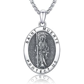 OHAYOO Santa Muerte Necklace for Men 925 Sterling Silver Holy Death Necklace Grim Reaper Necklace Santa Muerte Pendant Jewelry for Women