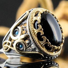 Luxury Two Tone Agate Ring Vintage Black Onyx 925 Sterling Silver Ring Turkish Handmade Engrave Pattern Natural Stone Hollow Ring Retro Jewelry Gift Ring for Men
