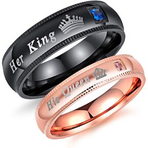 2pcs His and Her Matching Promise Rings for Couples Bridal Sets Balck Rose Gold Stainless Steel His Queen Her King Wedding Engagement Anniversary Band for Him and Her,Gift Box Package