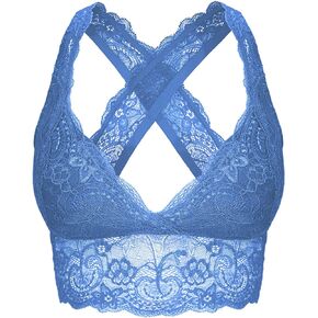 SHEKINI Women's Lace Bra Wire Free Padded Cross-Back Longline Pullover Racerback Bralette Top