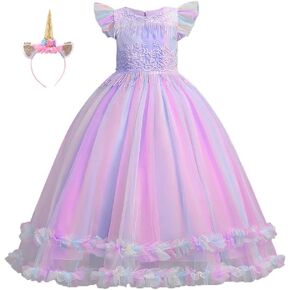 HOIZOSG Girls Unicorn Rainbow Tulle Dress Princess Birthday Halloween Christmas Pageant Dance Party Ball Gown w/Headband