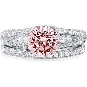 Clara Pucci 2.10ct Round Cut Pave Solitaire Accent Pink Simulated Diamond Engagement Promise Bridal Wedding Ring Band set 14k White Gold