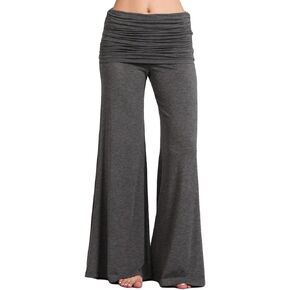 HEYHUN Womens Casual Solid Flared Bottom Ruched Foldover Lounge Palazzo Pants S-L