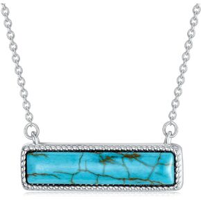 BETHZA Natural Turquoise/Larimar Necklace 925 Sterling Silver Minimalist Horizontal Bar Pendant Genuine Gemstone Dainty Jewelry Gifts for Women Girls