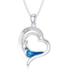 LWXIE Diamond Beach Necklace 925 Sterling Silver Double Heart Ocean Wave Pendant Necklaces Gift for Girls Women Mom Wife Girlfriend Daughter