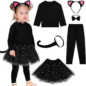 AOTHSO 6 Pieces Halloween Girls Black Cat Costume Set Long Sleeve Pants Headband Bowtie Tail Tutu Skirt Accessories for Kids in Kuwait