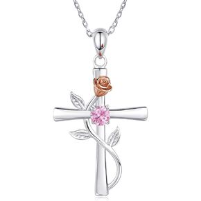 AM ANNIS MUNN Cross Necklace for Women, 925 Sterling Silver Birthstone Necklace for Women with Rose Flower Birthstone Womens Jewelry Birthday Gifts for Wife Women