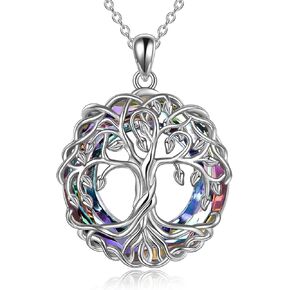 POPLYKE Tree of Life Necklace for Women Sterling Silver Celtic Knot Family Tree With Blue/Purple/Volcano Crystal Irish Gifts for Mom Daughter Wife Birthday Christmas